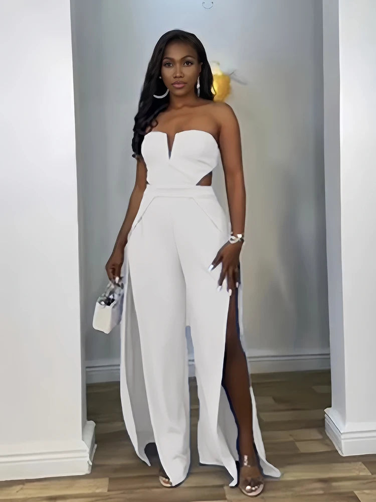 NEW Woman Summer Strapless Blue Jumpsuit with Trousers Solid Color Sexy Backless Jumpsuit Cut Out Waist Ladies Jumpsuit Side Slit