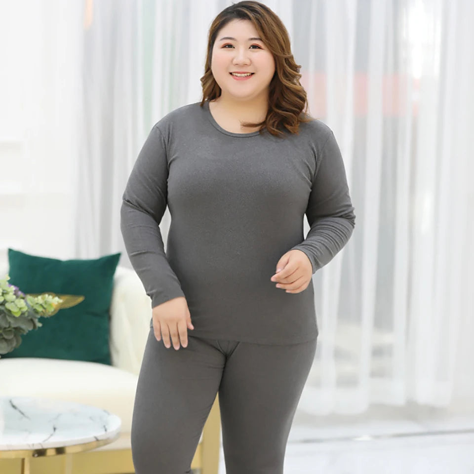 XL-6XL Plus Size Thermal Set Curvy Women Long Johns Set Solid Warm Thermal Underwear Thermal Long Sleeve Pants Pajamas Set Winter Home Clothes