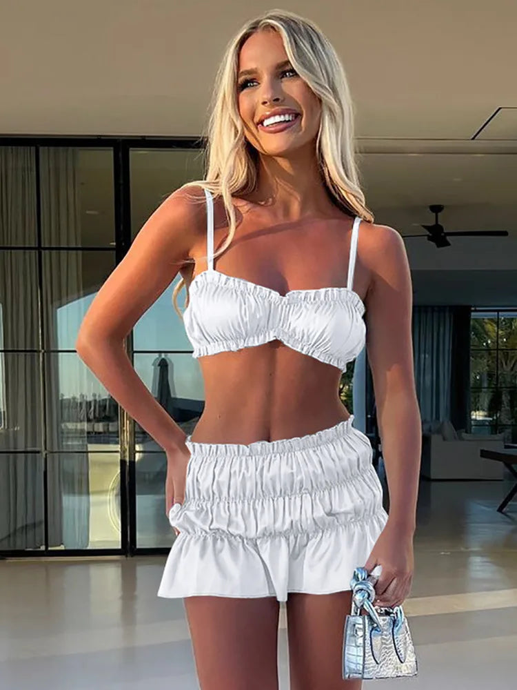NEW 2PCS Set White/Black/Rose Red Color Sexy Sleeveless Bra Top Short Skirt Women Spring Summer Autumn New Pleated Skirt Set Slim Party Beach Holiday Suit
