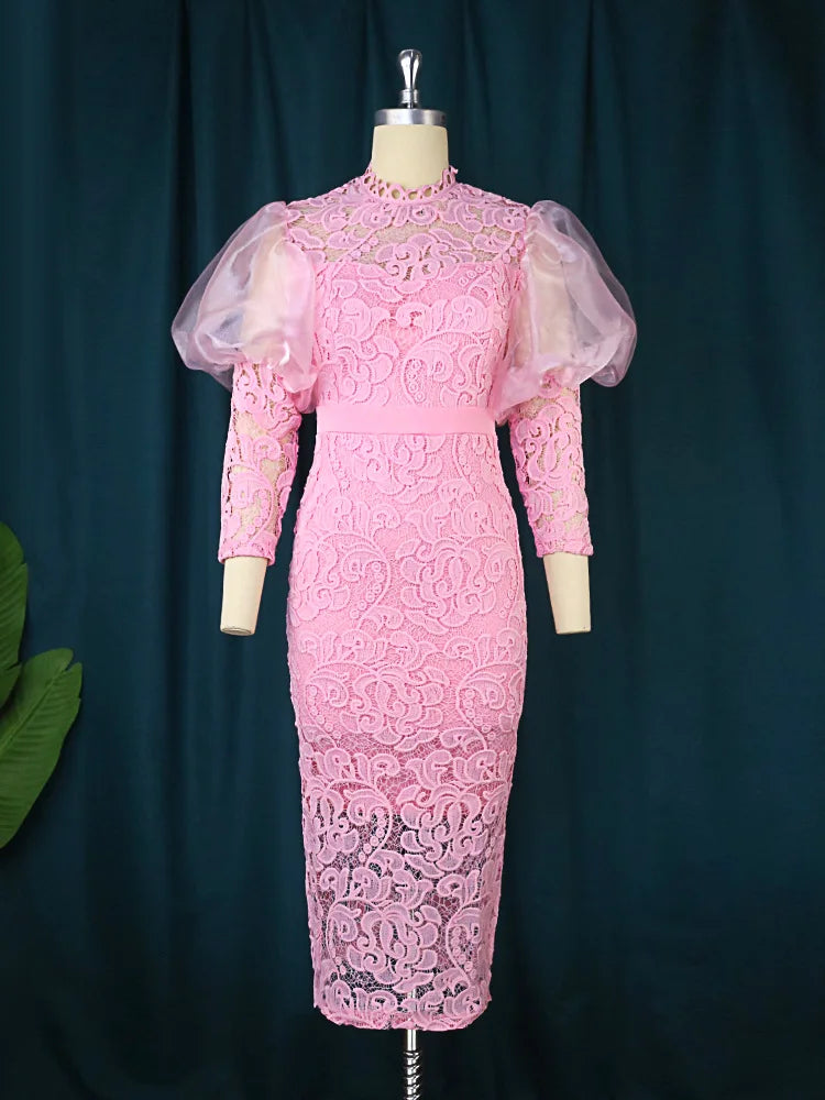 NEW Arrivals UK S-3XL Size African Women Dress Long Dresses Lace Floral Slim Fit Party Puff Sleeve Round Neck Sheath Sexy Gown Tight Waist Elegant Splice Formal Gown