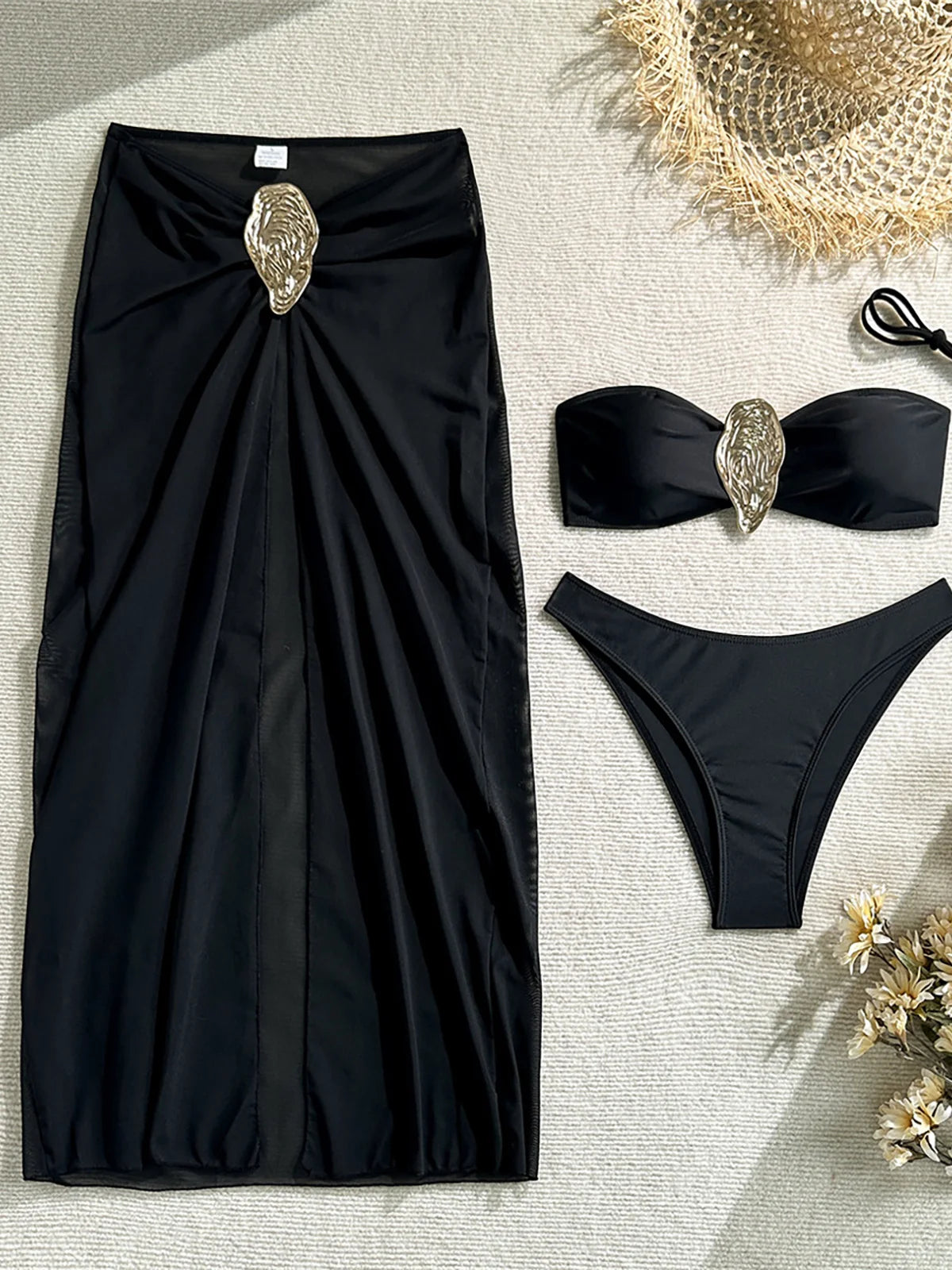 NEW Arrivals 3PCS Set White/Black Color With Skirt Metal Ring Brazilian Bikini Female Swimsuit Women Swimwear Bikini Suit Bather Bathing Suit Swim V6990 Ladies Sexy Beachwear Suit