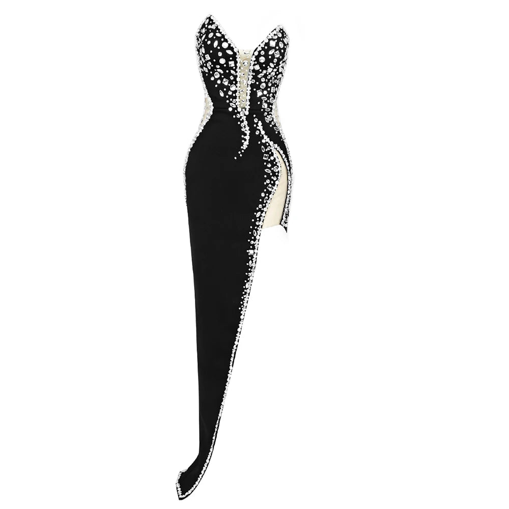 NEW Celebrity Red Carpet Party Dress Woman Black Strapless Dress Luxury Crystals Embellished Mesh Splicing Design Bodycon Bandage Long Evening Party Wedding Birthday Guest Luxury Dress