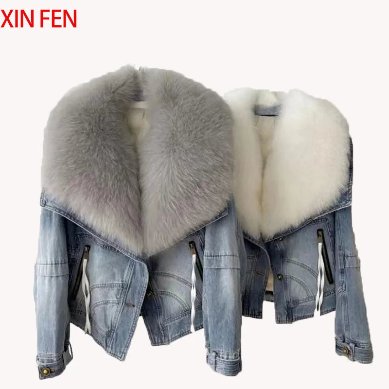 Winter Women New Luxury Natural True Fox Fur Big Collar Goose Down Denim Down Jackets Short Warm Casual Jacket Coat