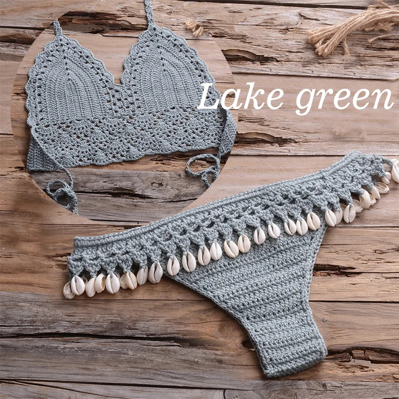 NEW Arrivals 10 Colors Handmade Sexy Women Large Size Swimwear Knitted Halter Bikini Top Bra Sexy Beach Swimsuit Hollow Bathing Suit Bikini Set Push Up Swim Thongs
