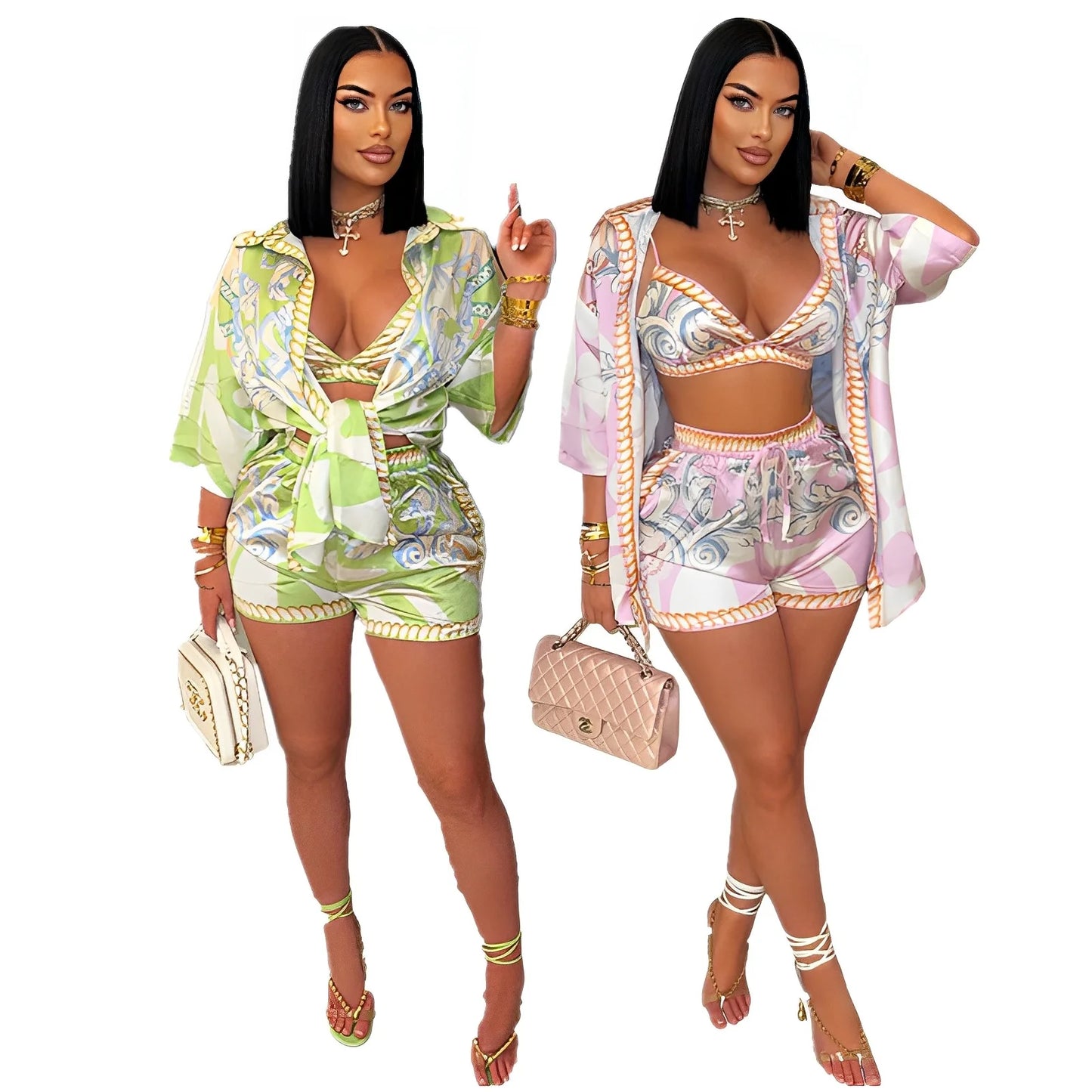 NEW Arrivals 3PCS Set S-2XL UK Size Sexy Spring Summer Luxury Fashion Women Set Female Stripe 3/4 Sleeve Shirt Tops And Shorts Suit Matching Outfit Evening Beach Party Night Club Ladies Suit