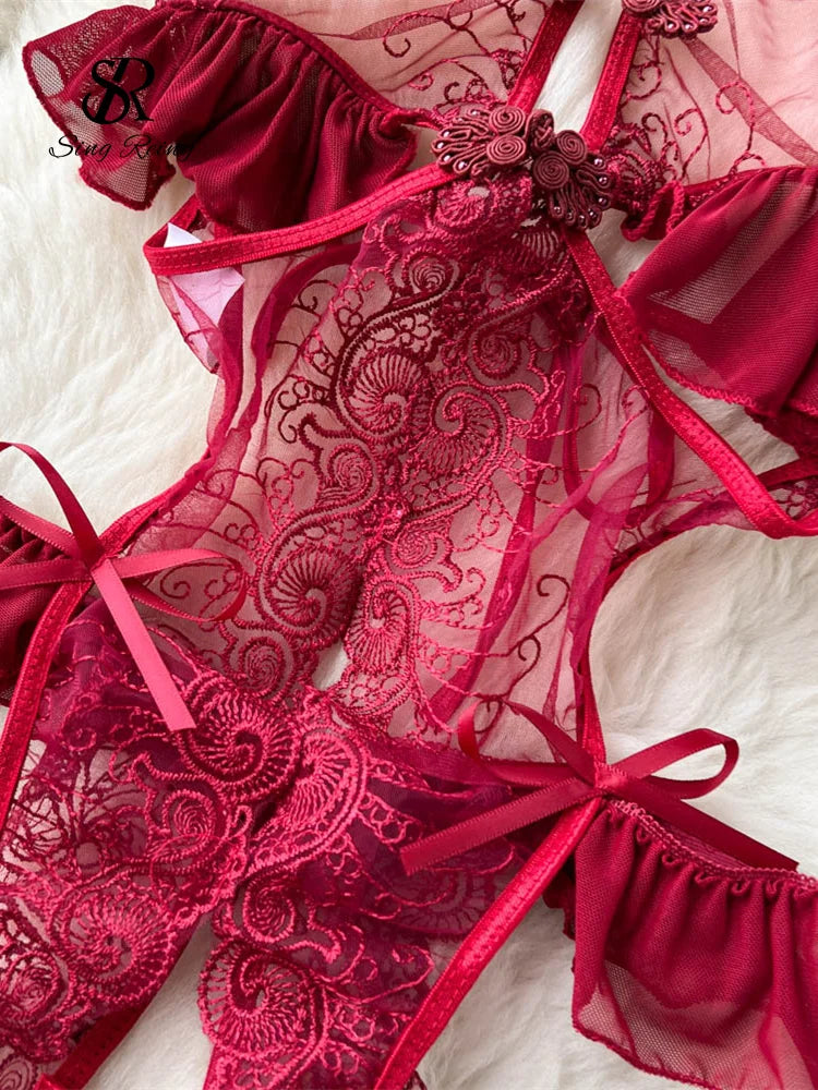 Sensual Lace Ruffles Porno Rompers Female Halter Hollow Out Slim Playsuits Women Open crotch Erotic Lingerie Bodysuits