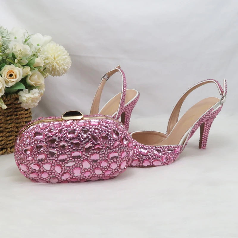 NEW Luxurious 10 Colors Summer Female Red Sandals Crystal Party Sandals Purse Set Wedding Shoes Bridal Woman Fashion Pointed Toe Thin Heel Sandals Girls Ladies Luxury Fashion Apparel Accessories Sets Clothing Supplies
