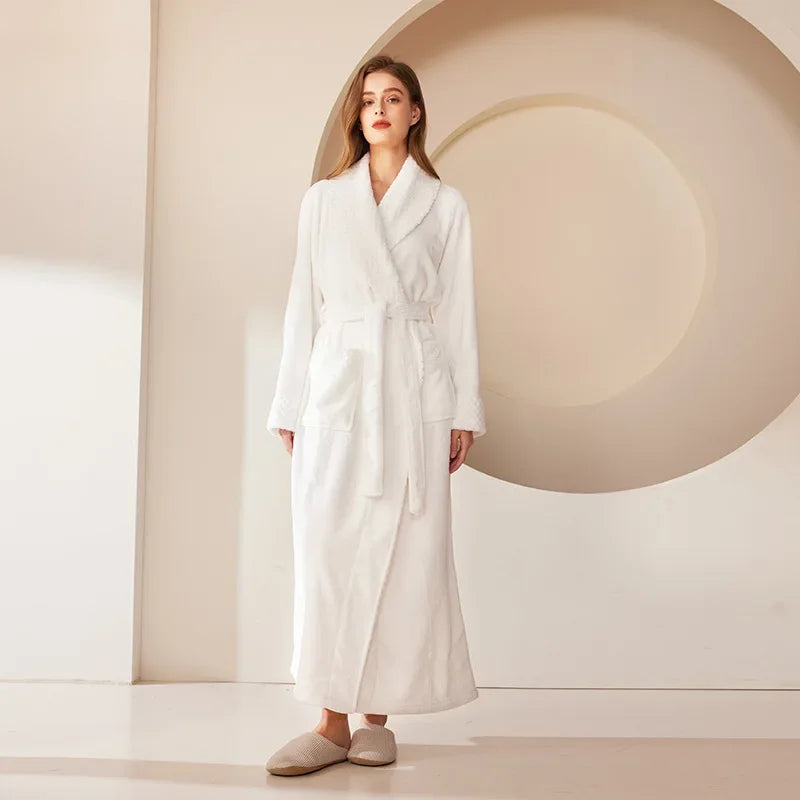 Winter Warm Coral Fleece Long Robe Couple Sleepwear Thick Flannel Jacquard Bathrobe Nightwear Loose Casual Homewear Lounge Wear