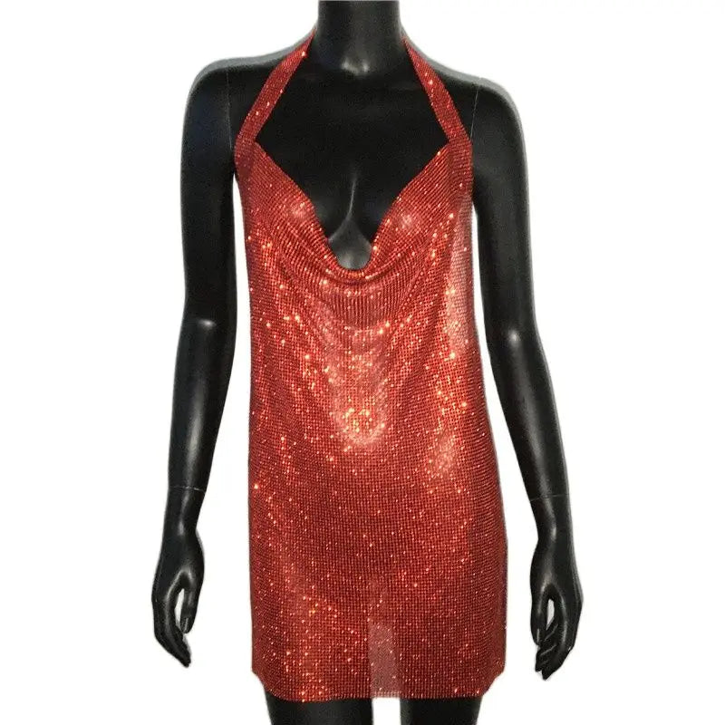 NEW Arrivals 7 Colors Luxury Crystal Rhinestone Sequins Mini Dress NEW Women Halter Backless Slit Metal Mesh Cocktail Evening Party Summer Beach Bar Night Clubwear Dresses