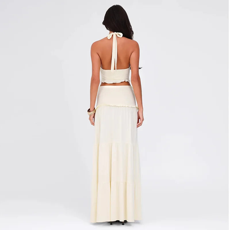 NEW 2PCS Set 5 Colors S-XL UK Size Elegant Sets Sleeveless Frill Halter Twist Top Dress Sets Outfits Fashion Coquette Clothes Women Summer Streetwear Beach Bar Suit