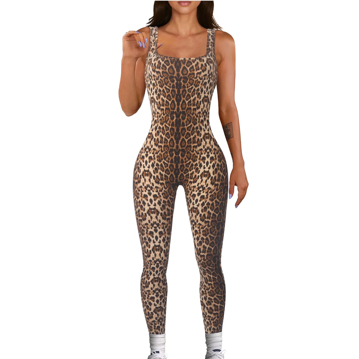 NEW S-2XL 5 Colors Leopard/Snakeskin Women Sexy Sleeveless Bodysuit Threaded Square Neck Open Back Hip Lifting Slim Fit Jumpsuit Girls Streetwear Sexy Fashion Clothing Supplies