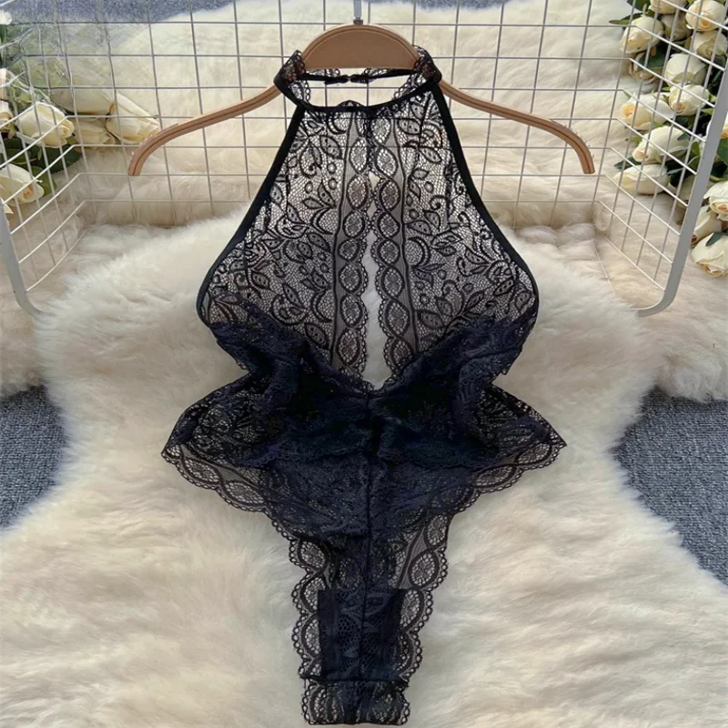 NEW Arrivals White/Black See-Through Ruffle Lace Jumpsuit One-Piece Halter Playsuit Skinny Sexy Costume Open Lingerie Erotic New In Clothes Solid