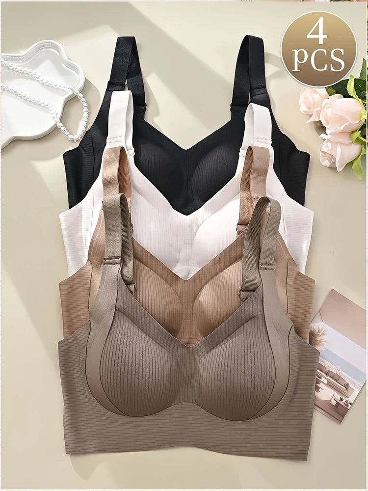 NEW Arrivals M-4XL Plus Size 4PCS/Set Seamless Bras for Women Female Full Cup Wireless Soft Sleepwear Ladies Push Up Sexy Lingerie Plus Brassiere Ladies Top Quality Underwear Sets