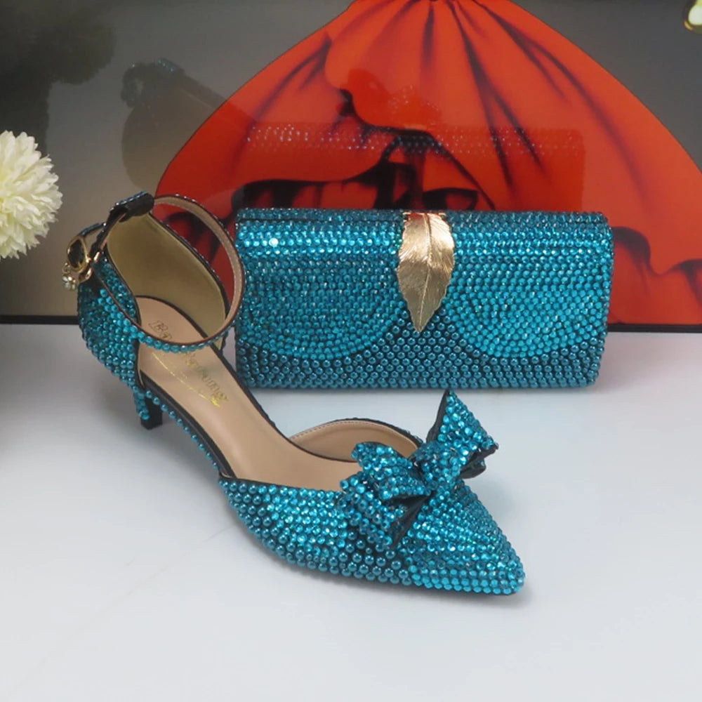 New Arrival Teal Luxury Blue Crystal Women Wedding Shoes Set with Matching Bags Peep Toe High Heels Pumps Open Toe Shoes and Purse Evening Party Night Business Dinner Apparel Accessories Ladies Luxury Fashion Clothing Suppl