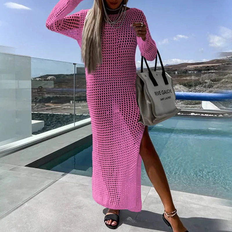 NEW 5 Colors Beach Rave Party Sexy Perspective Handmade Knit Round Collar Long-Sleeve Lacing Solid Bikini Swimsuit Cover Up Long Split Dress See Through Bikini Swimwear Sexy Cover Up Dress