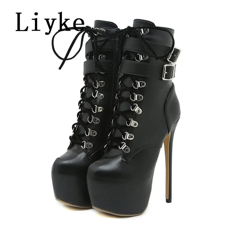 Autumn Winter Platform Boots For Women Sexy Round Toe Buckle Strap Pole Dance High Heels Pumps Fashion Lace-Up Runway Shoe