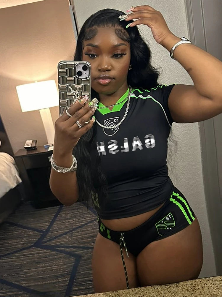 NEW 2PCS Set Black/Pink Color Women Hottie Sexy Summer Casual Tracksuits Short Sleeve O-Neck Tees +Drawstring Shorts Mujer Sporty Streetwear