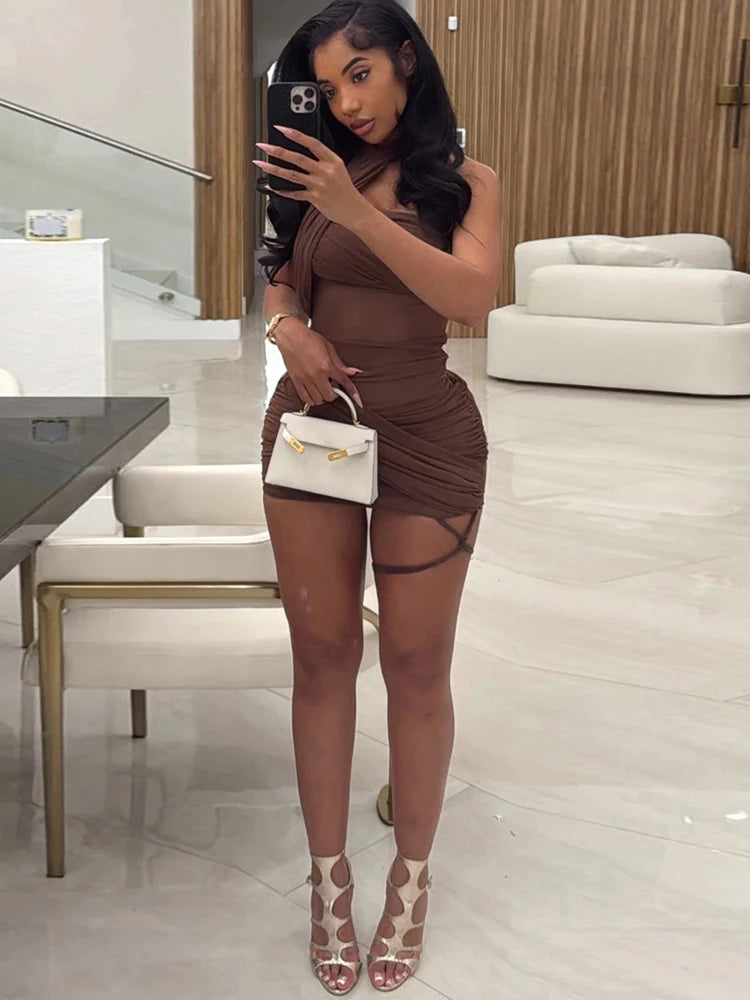 NEW Arrivals 6 Colors See Through Sexy Dress Women Y2K Cross Bandage Backless Halter Sleeveless Summer Trend Midnight Clubwear Mini Bodycon