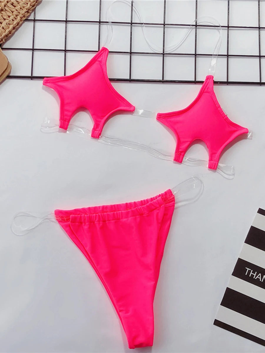 NEW Arrivals Pink/Rose/Silver Sexy Stars Micro Bikini 2025 Women Thong Swimwear Female Transparent Bandeau Swimsuit 2PCS Set Bikini Set Brazilian Bathing Suit Ladies Girls Sexy Beach Wear