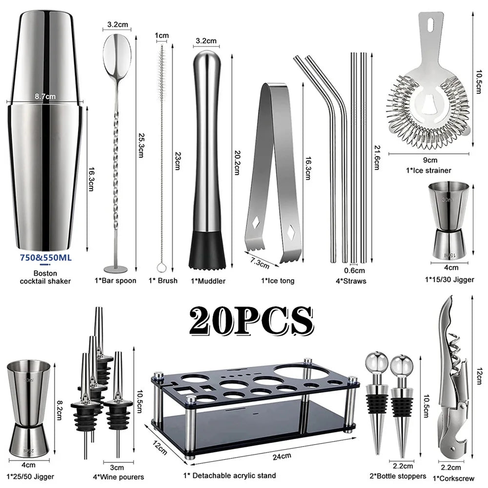 NEW Arrivals 25PCS Set Boston Cocktail Shaker Stainless Steel Mixer Bartender Tool for Bar Wine Martini Drink Whiskey Cocktail Mixer Shaker Set