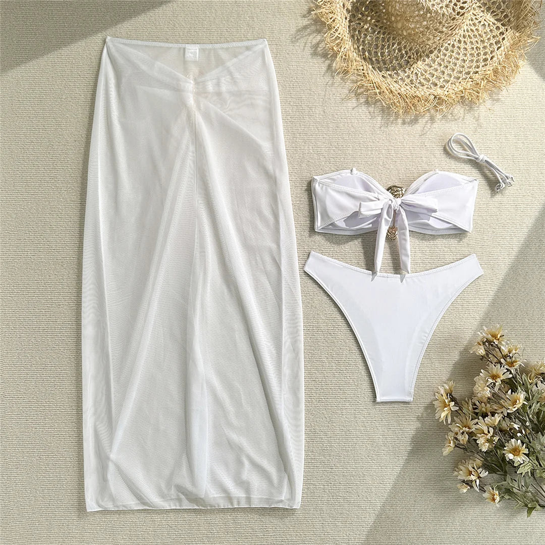 NEW Arrivals 3PCS Set White/Black Color With Skirt Metal Ring Brazilian Bikini Female Swimsuit Women Swimwear Bikini Suit Bather Bathing Suit Swim V6990 Ladies Sexy Beachwear Suit