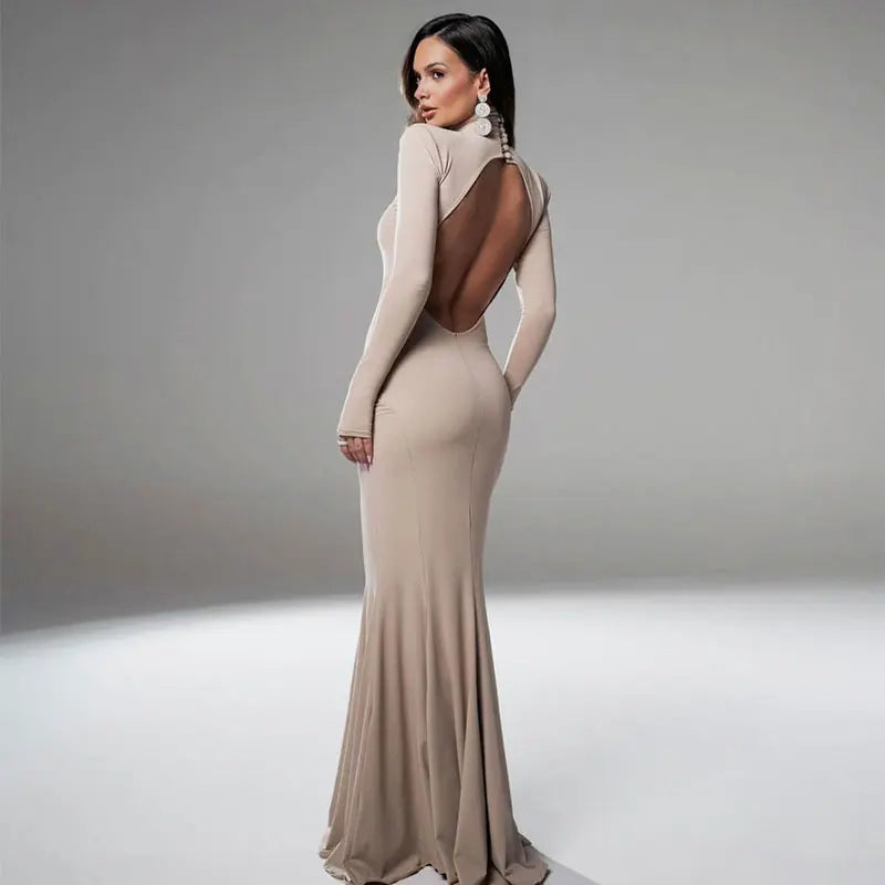 NEW Arrivals Brown/Khaki Color Long Sleeves Women's Evening Dress Elegant Party Spring Autumn Winter Sexy Backless Dress Streetwear Fashion Casual Slim Turtleneck Brown Dress