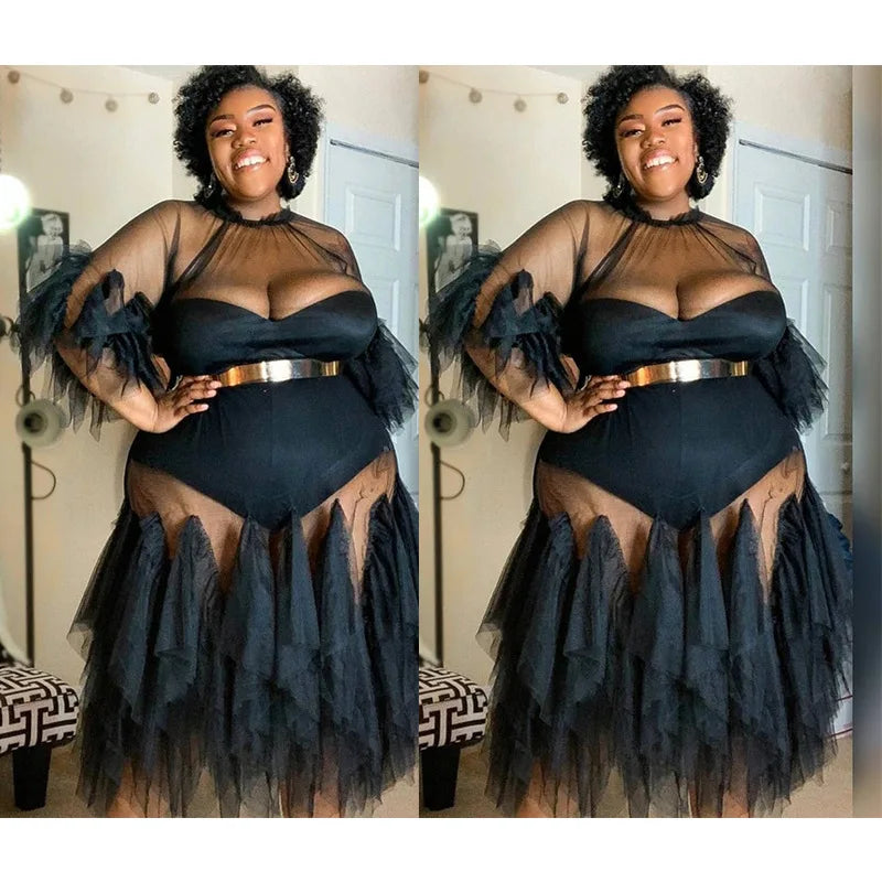 NEW Arrivals XL-5XL Plus Size for Chubby Women Spring Summer Clothing Black Mesh Patchwork Irregular Wedding Guest Long Dress Sexy See Through Evening Party Dress