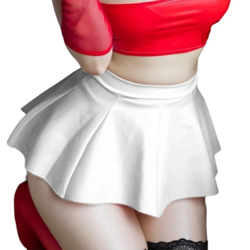 NEW White/Red Color Women PU Leather Pleated Sexy Mini Skirt Lingerie Hot Outfit Clubwear 449B Outwear Evening Party Night Club Rave Party Girls Sexy Hot Mini Skirts
