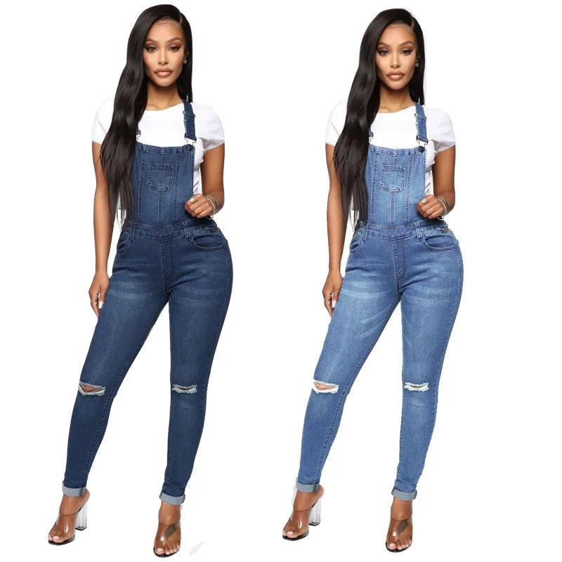 New Arrivals Woman Ripped Denim Jumpsuit Fashion Casual Sling Pants Jeans Jumpsuit S-2XL Global Girls Casual Fashion Apparel Supplies