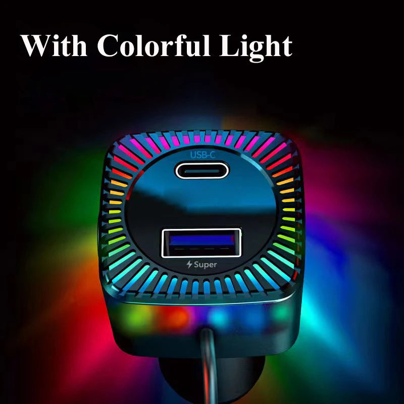 280W USB C Car Charger Adapter with Spring Cable Colorful Light PD 30W 3 in 1 Super Fast Charging for Macbook Samsung iPhone