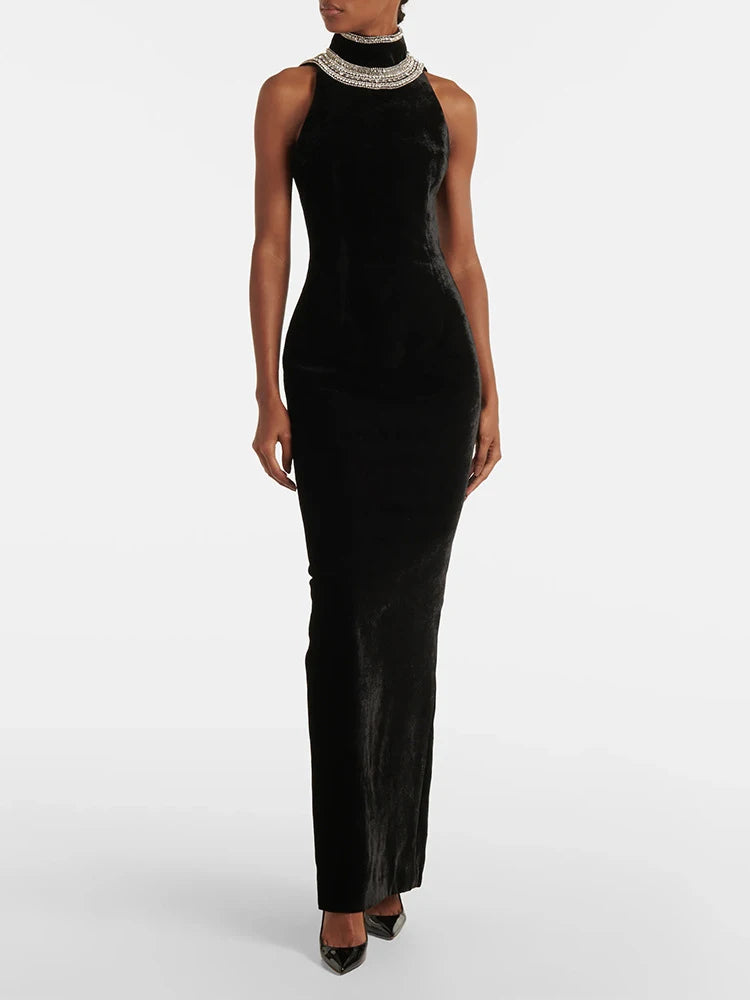 NEW Arrivals UK Size Sexy Halter Neck Backless Diamonds Sequin Long Dress Women Black Velvet Sleeveless Beaded Slim Dresses Evening Party Runway Red Carpet Gown Ladies Luxury Fashion Apparel Supplies