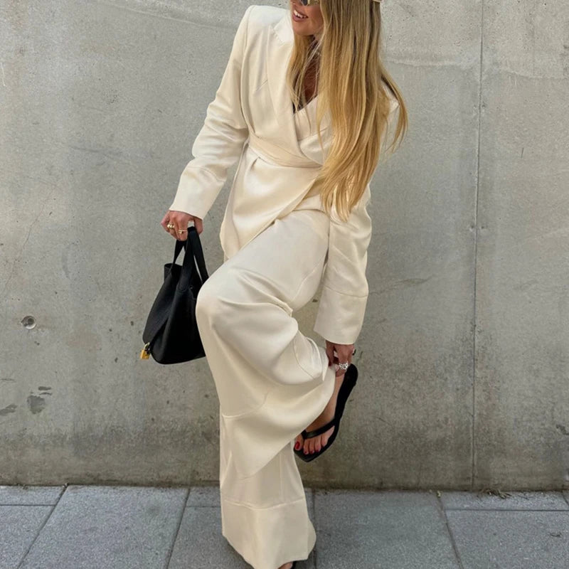 NEW 2PCS Set S-XL UK Size Elegant Beige Satin Trousers Business Office Lady Formal Outfit Spring Women V-Neck Long Sleeved Lace Up Top +High Waist Loose Wide Leg Pants Female Ladies Luxury Fashion Clothing Supplies