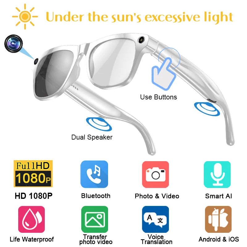 NEW 4K AI Translation Graphs English Language Smart Photochromic Glasses Multifunction Camera Bluetooth Call Voice Assistant Music Player Translate Glasses Business Meetings for Xiaomi