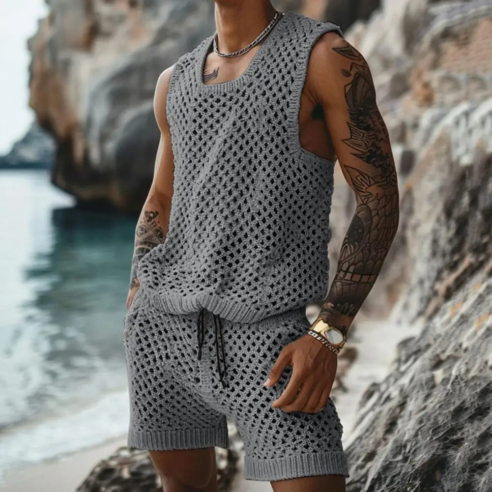 NEW 2PCS Set L(50-70Kg) XL(80-100+Kg) Vest Shorts Set Men's Casual Sleeveless Knit Top Drawstring Shorts Set for Daily Wear Elastic Waist Wide Leg Shorts for Men's