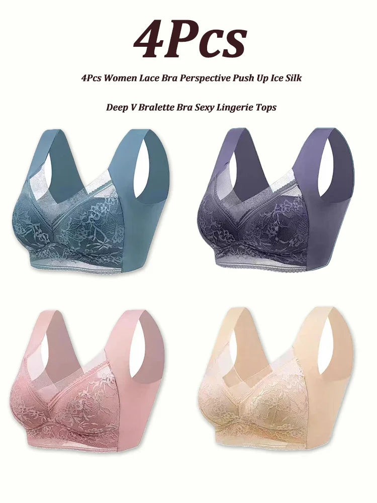 NEW Arrivals 4PCS Set L(45-50KG) -5XL(100KG) Set Women Lace Bra Perspective Push Up Ice Silk Deep V Bralette Bra Sexy Lingerie Tops Plus Size Cup Mom's Underwear