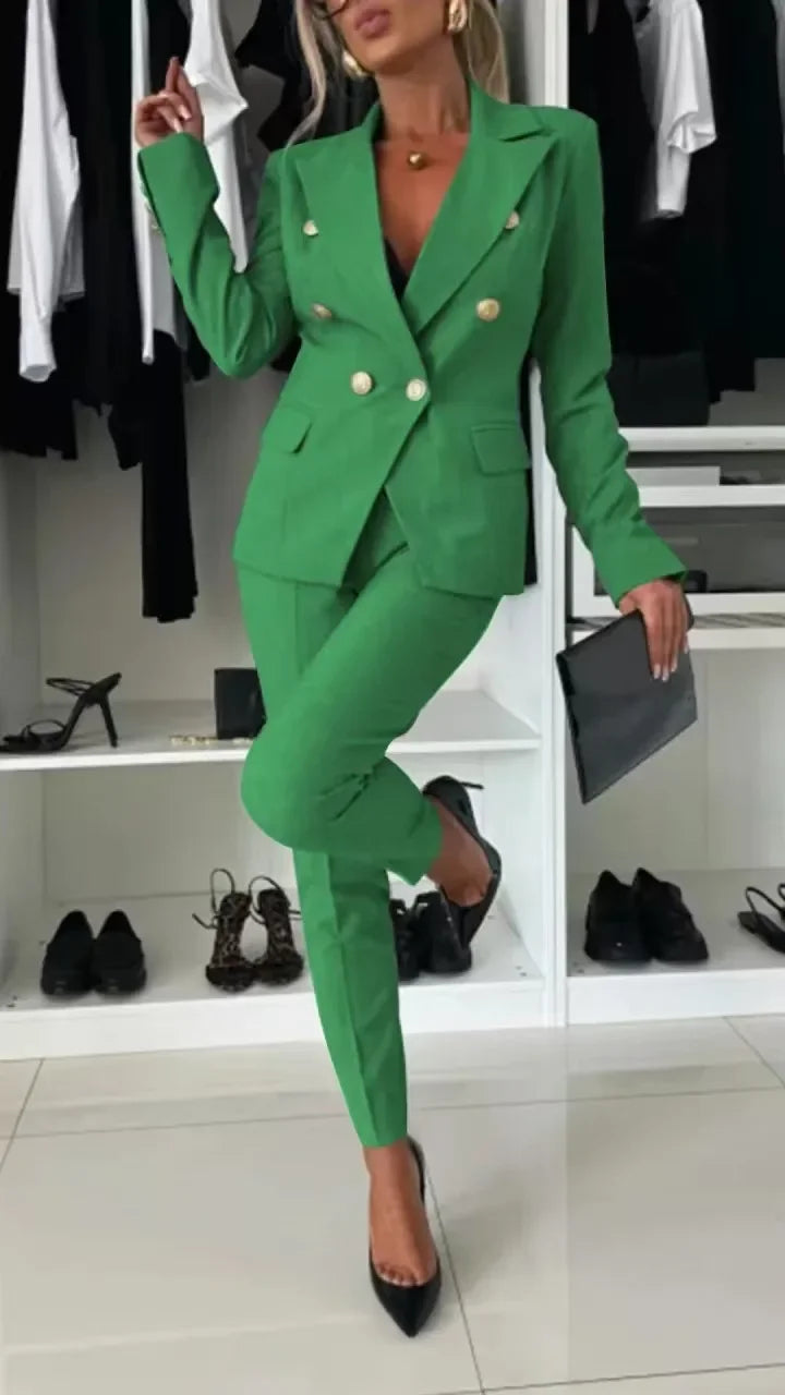NEW Arrivals 2PCS Set UK S-2XL Size 8 Colors Women Office Smart Clothes Suit Blazer Double Breasted Button Solid Color Jacket & High Waist Slim Pencil Pants Ladies Luxury Fashion Clothing Supplies