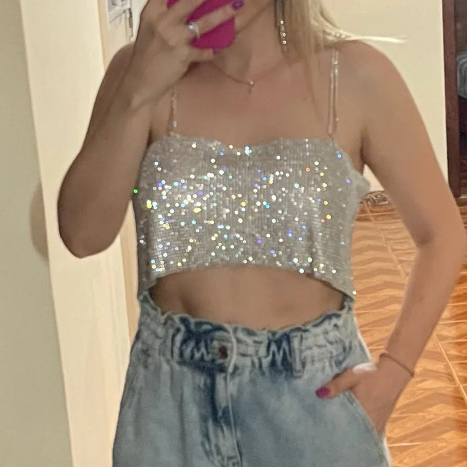 NEW 7 Colors Festival Queen Sequin Shiny Crystal Chain Luxury Tank Top Glitter Metal Mesh Halter Metallic Strap Crop Tops Festival Party Sexy Women Tops