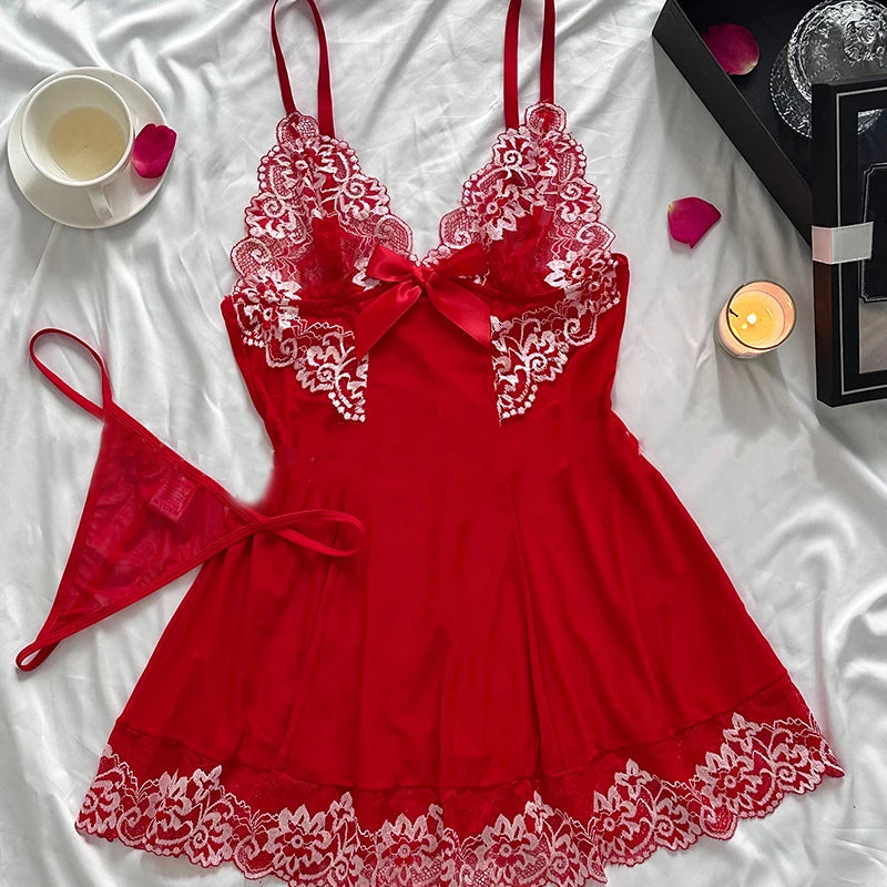 2 PCS Set S-2XL Plus Size Nightdress + Panty Pajamas Sets Women Underwear Lace See Through Sleepwear Sexy Lingerie Dress Female Sexy Nightwear For Night Party Sets