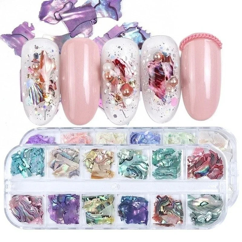12Grids Nails Abalone Shell Fragments Texture Natural Sea 3d Charm Nail Art Decoration Slice DIY Beauty Salon Tools