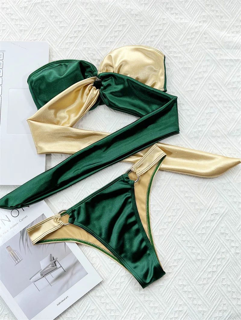 Green Gold Bikini Sexy Strapless Bandeau Swimwear Women Brazilian Swimsuit Thong Biquini Bandage Bathing Suit
