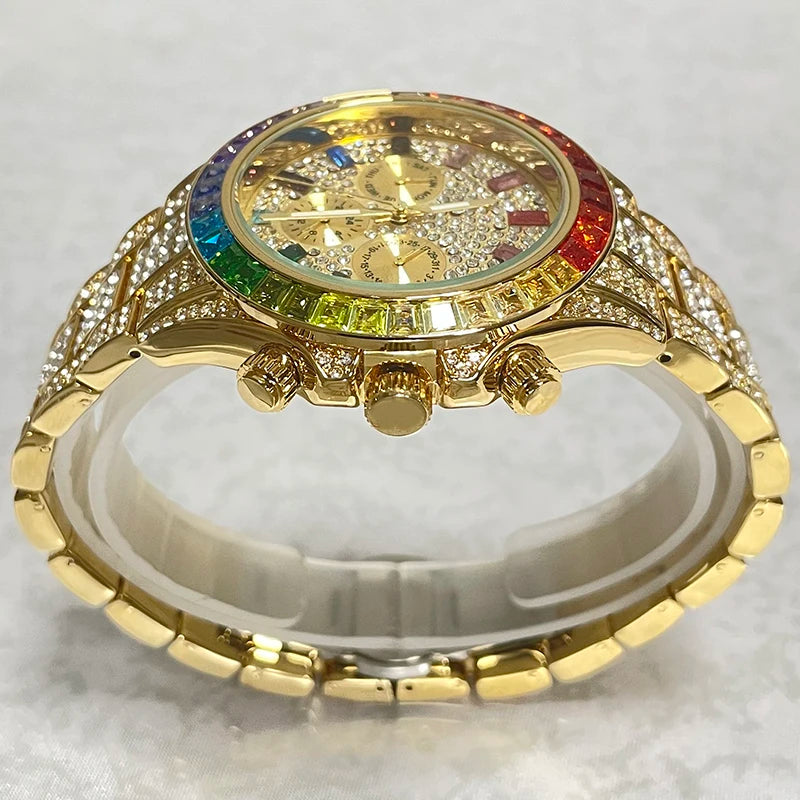NEW Luxury Brand Gold Hip Hop Watches Men Fashion Rainbow Diamond Waterproof Smart Watch Full Steel Sports Clocks Male Wrist Watches Luxury Gifts for Husband Boyfriend