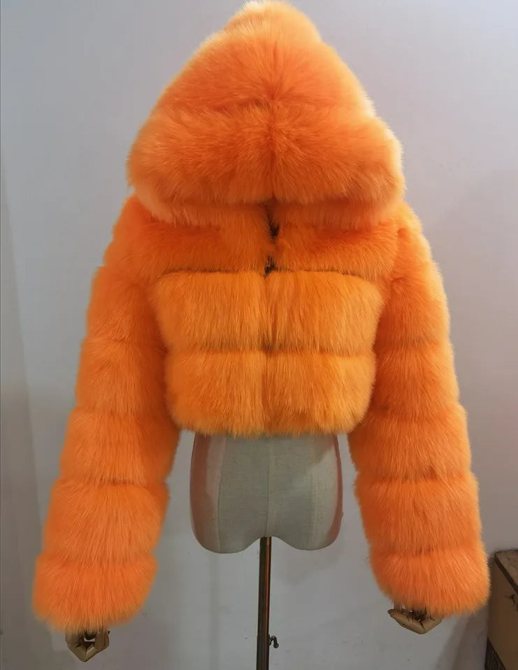 NEW Arrivals S-3XL Coffee/Dark Gray/Black Fashion Women Environmental Red Faux Fox Fur Coat with Hood Thick Warm Full Pelt Fake Fur Jacket Short Winter Woman Fur Coat Ladies Girls Luxury Fashion Clothing Supplies