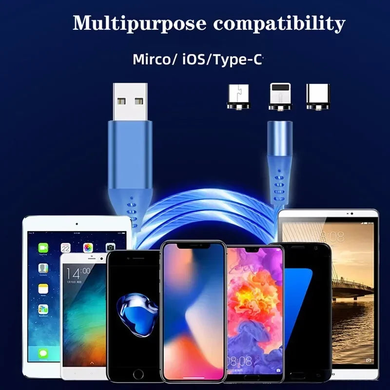 NEW Arrivals 3in1 Set Magnetic Flow Luminous Lighting Charging Mobile Phone Cables Cord Charger Wire for Xiaomi LED Micro USB C for iPhone Samsung Mobile Phones Accessories