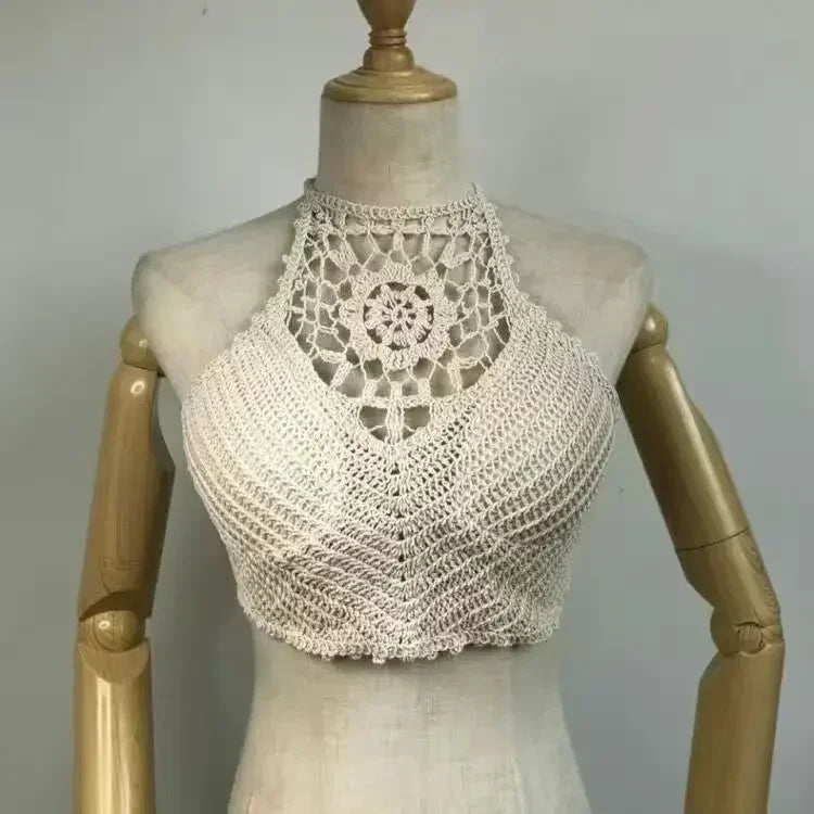 NEW Arrivals Handmade Sexy Crop Tops Retro Wild Hollow Perspective Tassel Sexy Spaghetti Strap Tanks Top Women Built In Bra New Back Lace Halter Neck Ladies Girls Summer Beach Party Tops