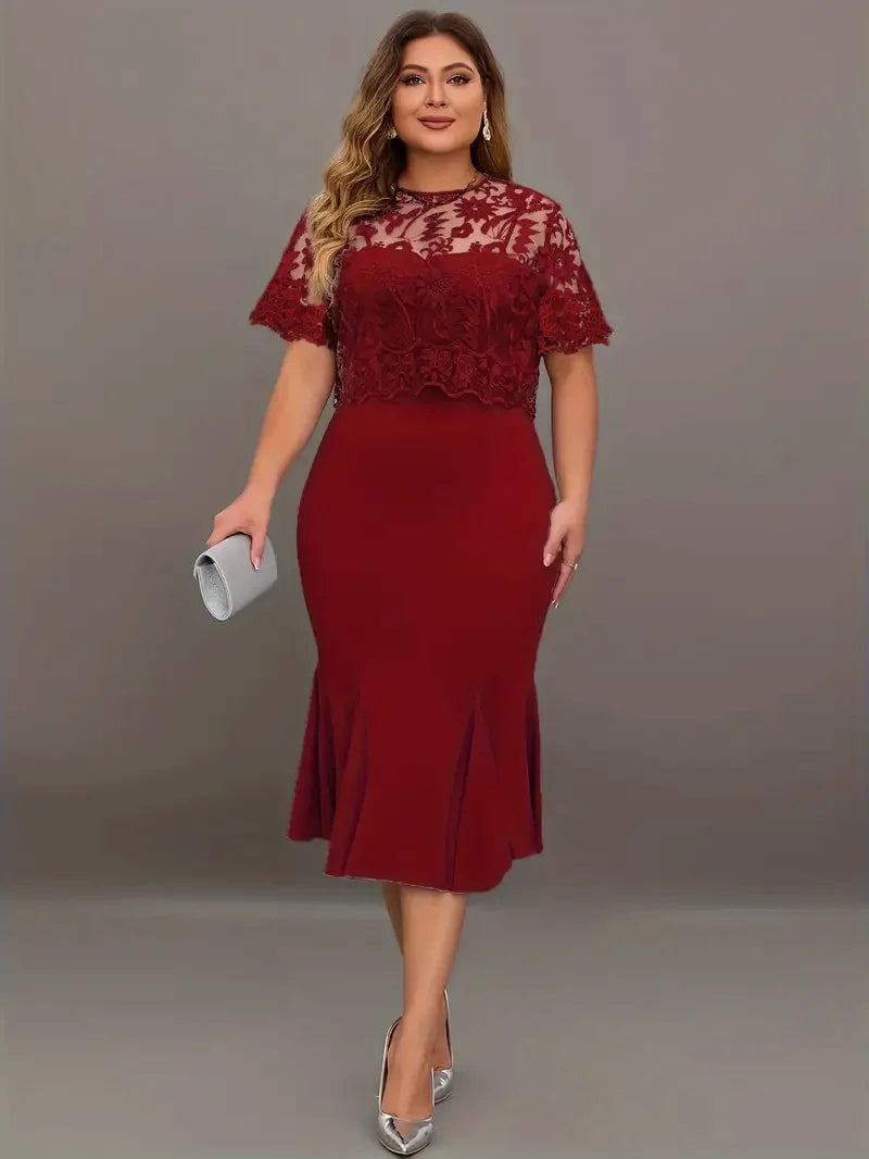 Plus Size Large Size Elegant Dress with Embroidered Patchwork and Solid Color Fashionable Slim Fit Long Dress