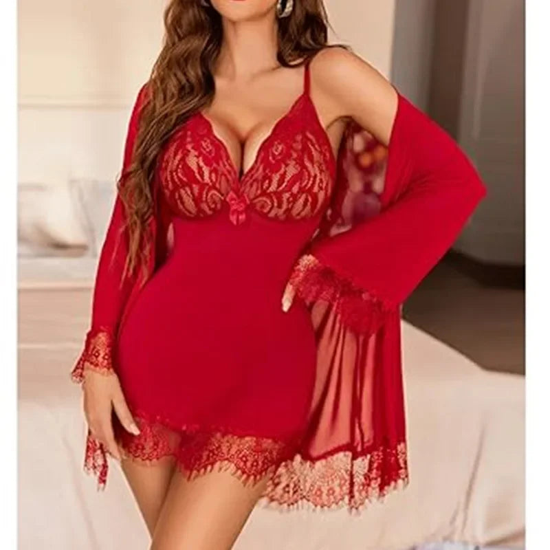 NEW Arrivals 2PCS Set S-2XL 4 Colors Sexy Lace Nightgown Women's Summer Thin Transparent Loose Home Clothes Sleepwear Comfortable Plus Size Underwear Ladies Nightdress Suit