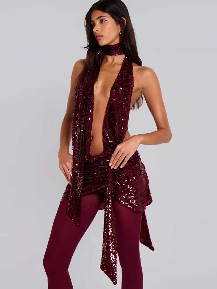 BRAND NEW UK Size Sexy Halter Swinging Neck Women Claret Mini Dress Sexy Stunning Sequins Ribbons Irregular Slim Female Coquette Spring Summer Evening Beach Party Night Club Bodycon