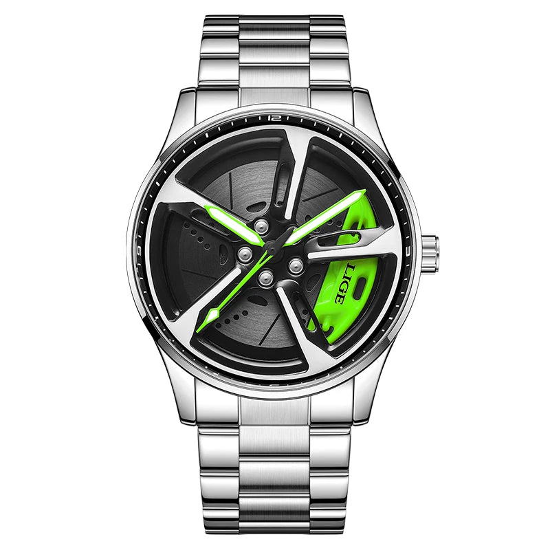New 30Km Waterproof 6 Colors Sports 3D Xiaomi Car Wheel Watch Fashionable Rotating Dial Stainless Steel Strap Waterproof Quartz Watches Reloj Hombre Sports Supplies