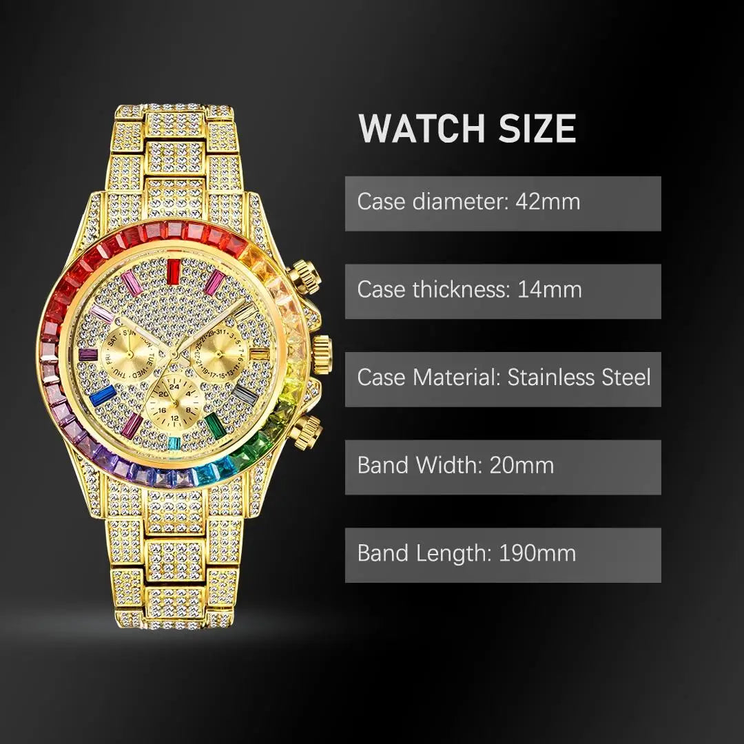 NEW Luxury Brand Gold Hip Hop Watches Men Fashion Rainbow Diamond Waterproof Smart Watch Full Steel Sports Clocks Male Wrist Watches Luxury Gifts for Husband Boyfriend