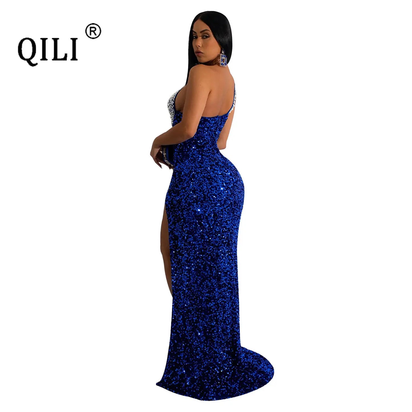 One Shoulder Rhinestone and Sequins Sexy High Split Long Dress Elegant Party Dresses for Women Robe Blue Black Red